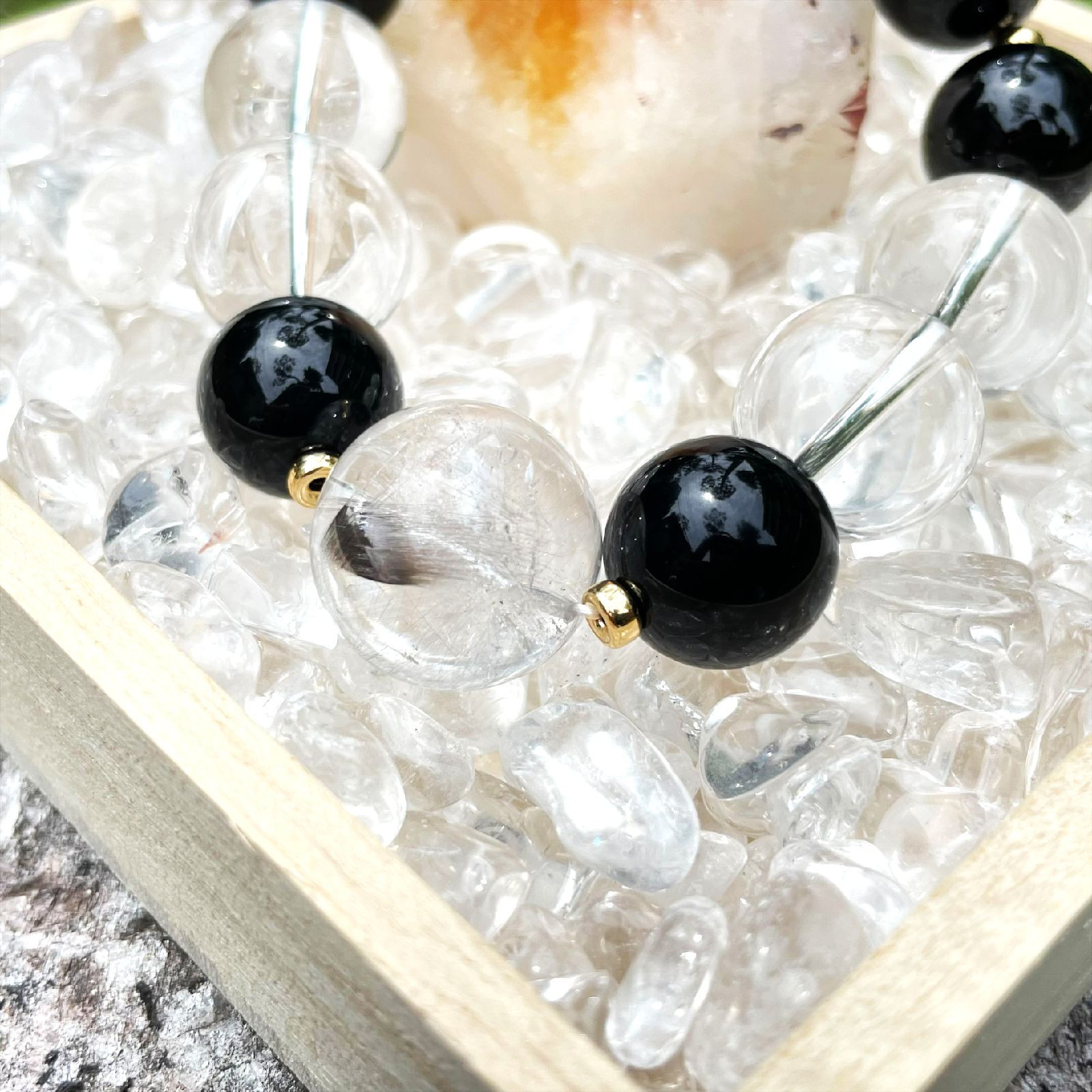 内在する魅力や能力を引き出す天然石ブレスレット♪プラチナルチル＆皇帝龍ドラゴンアゲート・本水晶×オニキス×K18数珠