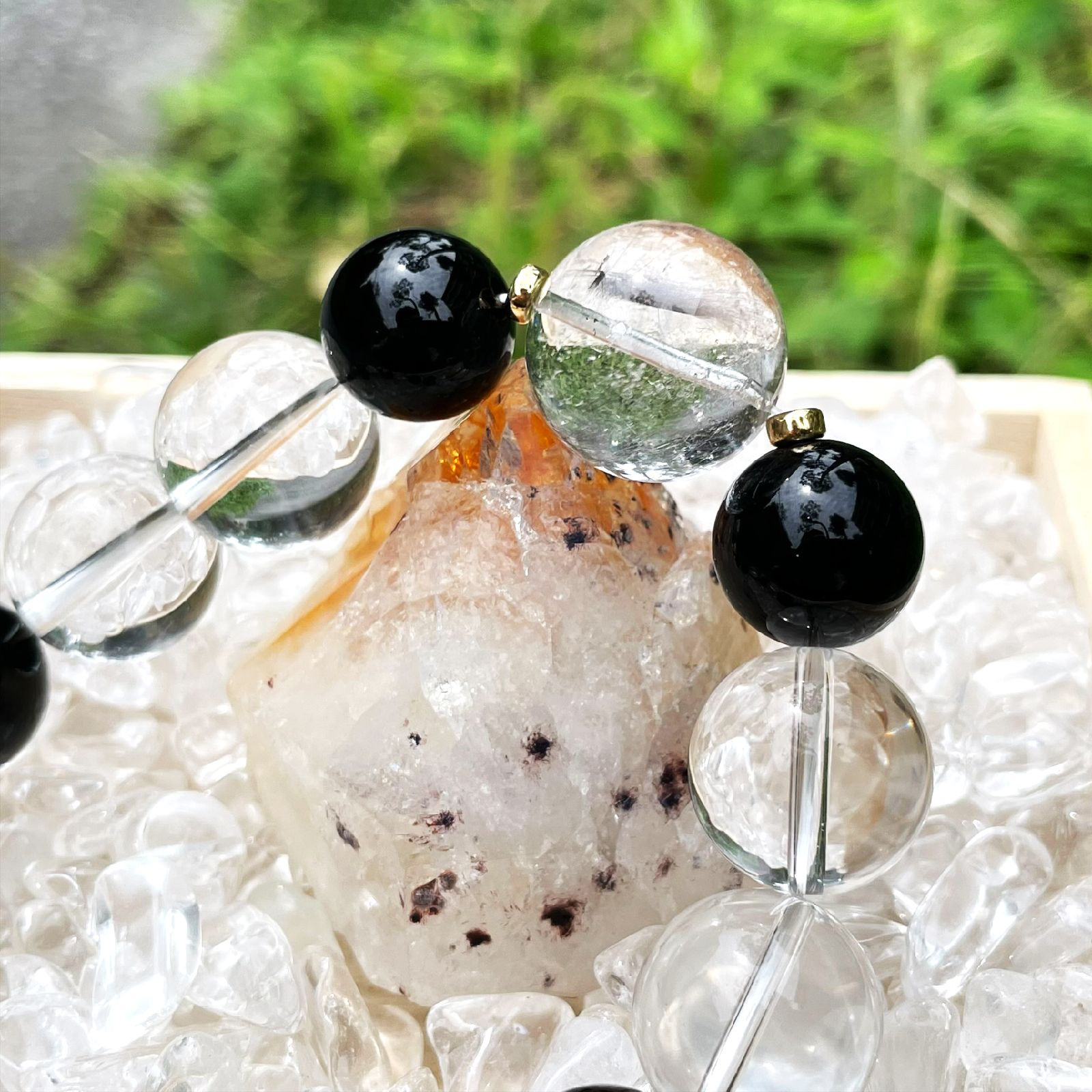 内在する魅力や能力を引き出す天然石ブレスレット♪プラチナルチル＆皇帝龍ドラゴンアゲート・本水晶×オニキス×K18数珠