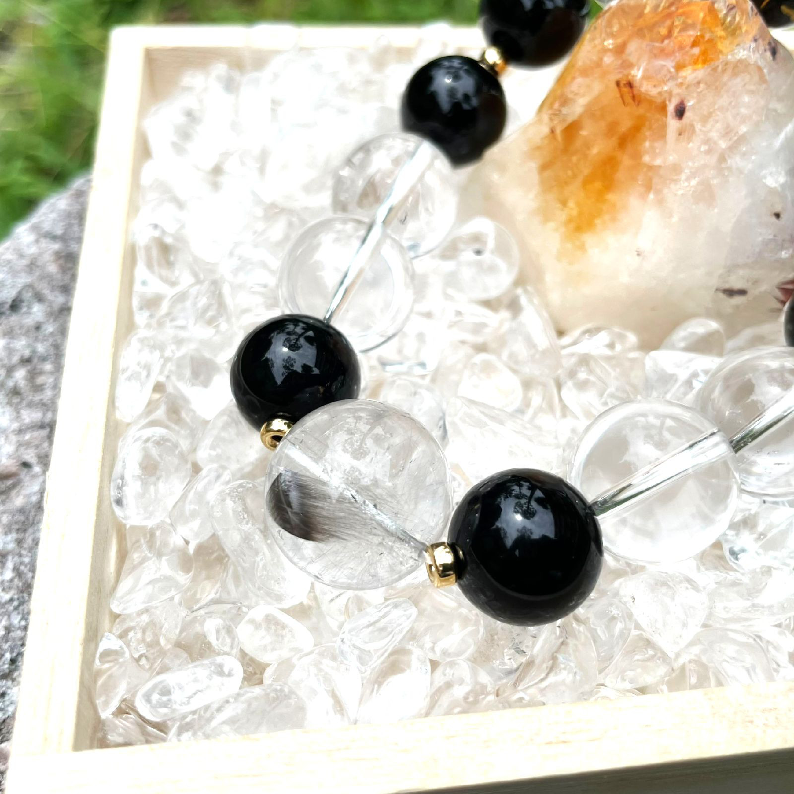 内在する魅力や能力を引き出す天然石ブレスレット♪プラチナルチル＆皇帝龍ドラゴンアゲート・本水晶×オニキス×K18数珠