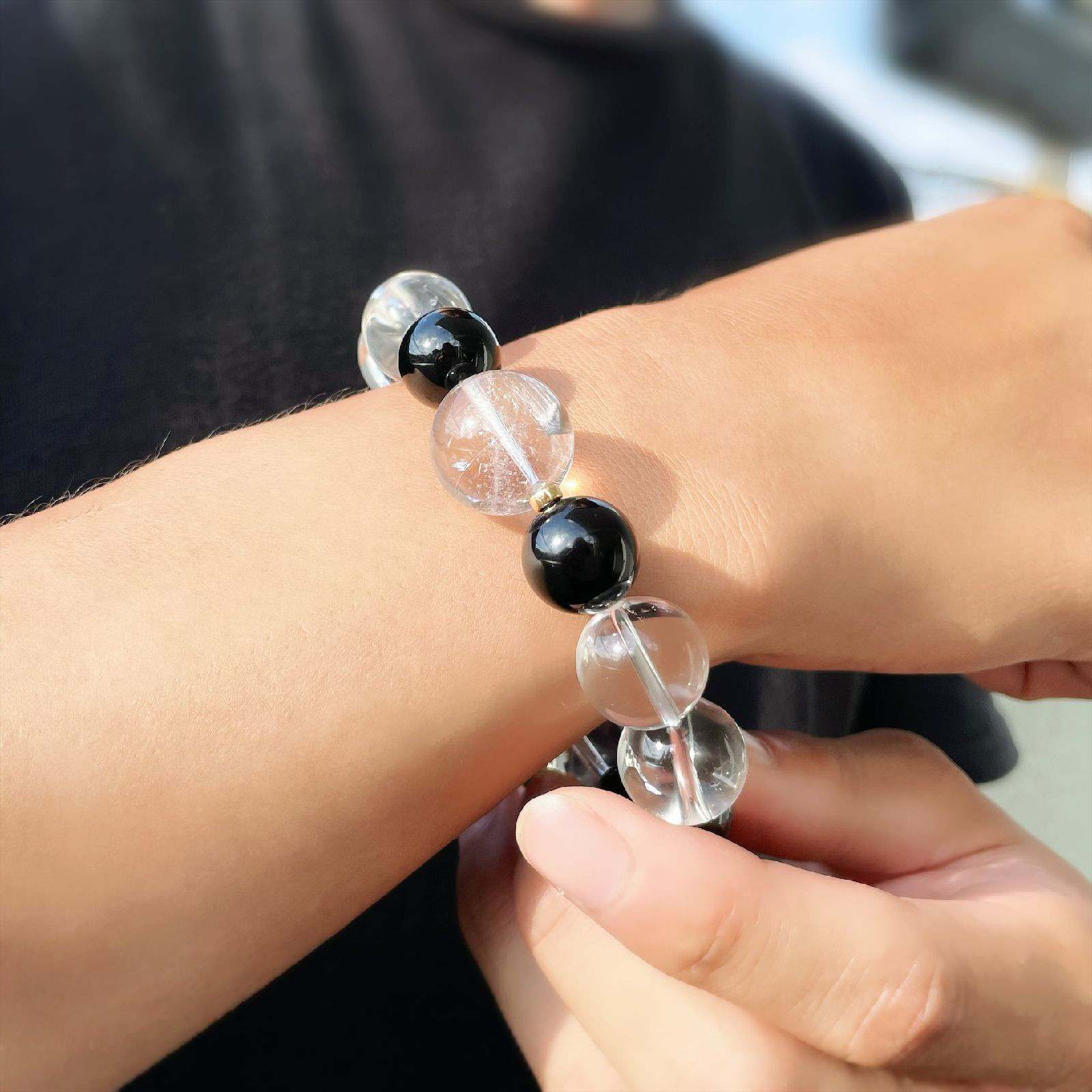 内在する魅力や能力を引き出す天然石ブレスレット♪プラチナルチル＆皇帝龍ドラゴンアゲート・本水晶×オニキス×K18数珠