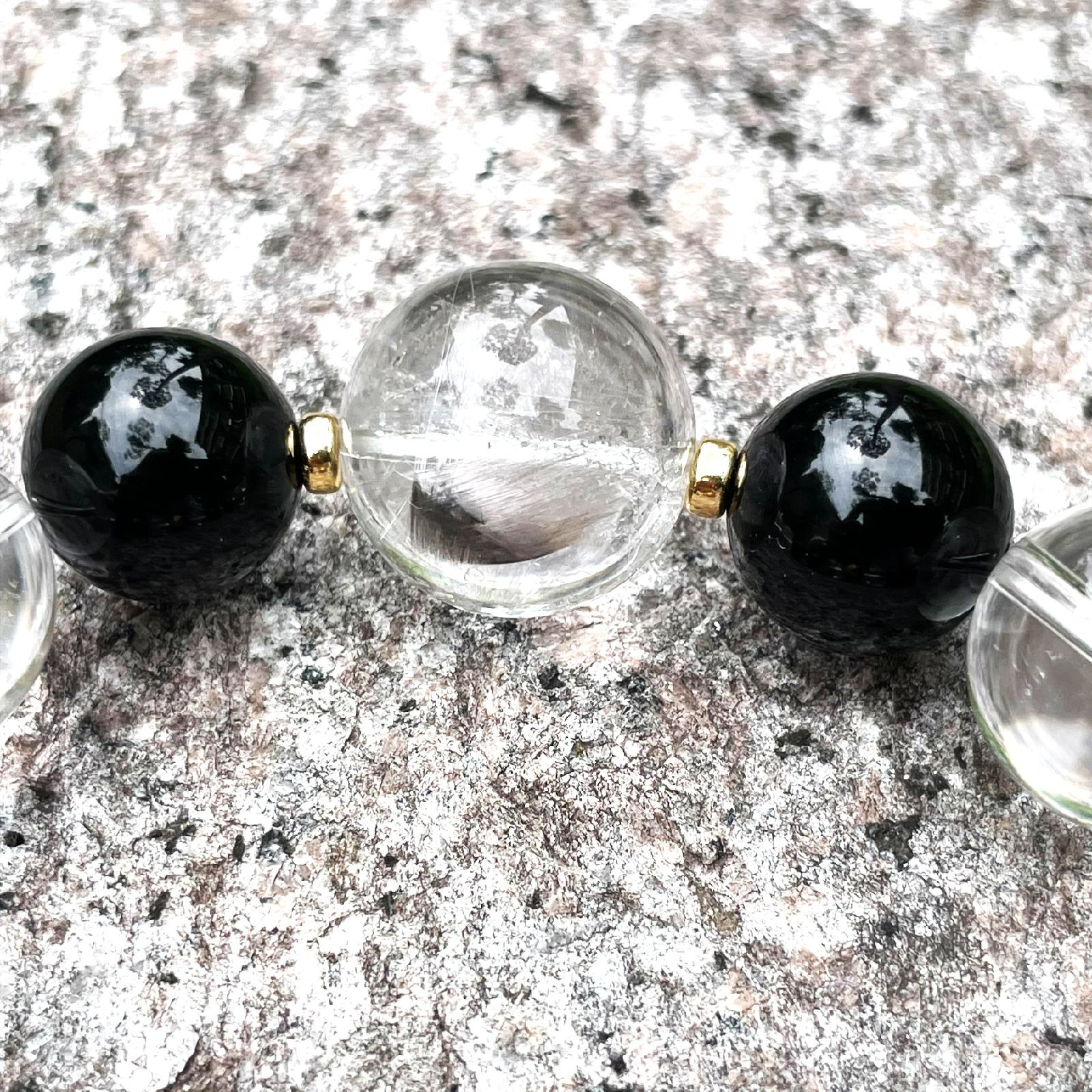 内在する魅力や能力を引き出す天然石ブレスレット♪プラチナルチル＆皇帝龍ドラゴンアゲート・本水晶×オニキス×K18数珠