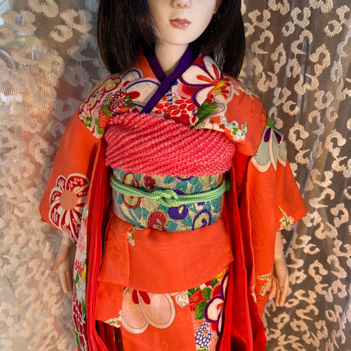 創作球体関節ビスクドール 黒髪の橙色のアンティークの着物の