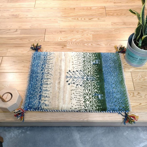 ペルシャ絨毯 ギャッベ 玄関マット 41.5x58cm アイボリー ブルー