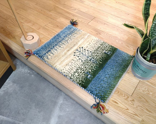 ペルシャ絨毯 ギャッベ 玄関マット 41.5x58cm アイボリー ブルー