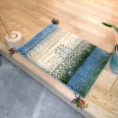 ペルシャ絨毯 ギャッベ 玄関マット 41.5x58cm アイボリー ブルー 生命 