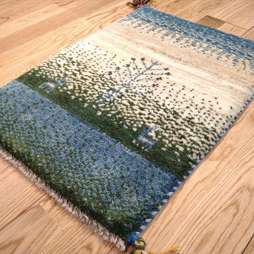 ペルシャ絨毯 ギャッベ 玄関マット 41.5x58cm アイボリー ブルー