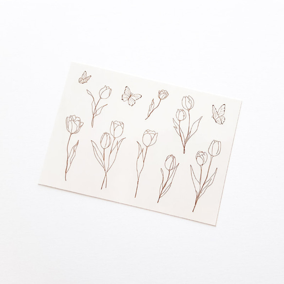 かわいらしく咲くチューリップのブラウン色の線画のタトゥーシール タトゥーステッカー タトゥ ーシール  タトゥー ステッ 2枚目の画像