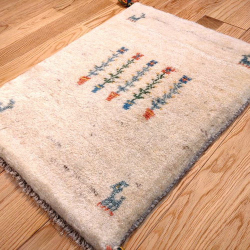 ペルシャ絨毯 ギャッベ 玄関マット 44x59cm アイボリー 花 カーペット