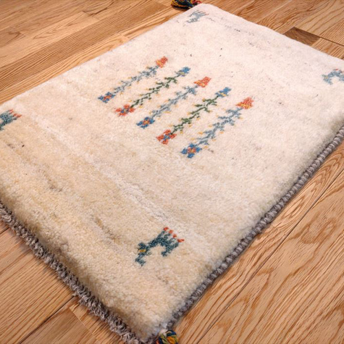 ペルシャ絨毯 ギャッベ 玄関マット 44x59cm アイボリー 花