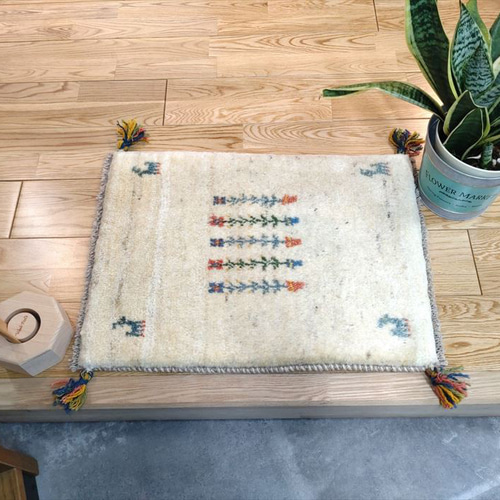 ペルシャ絨毯 ギャッベ 玄関マット 44x59cm アイボリー 花 カーペット