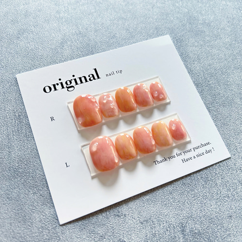 ニュアンスネイル 桃 マーブル ぷっくり 春 ネイルチップ ハンドメイド