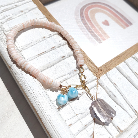 ❁Pink sand beach bracelet 14kgf❁ハートラリマー＆ピンクシェル＆アメジスト 2枚目の画像