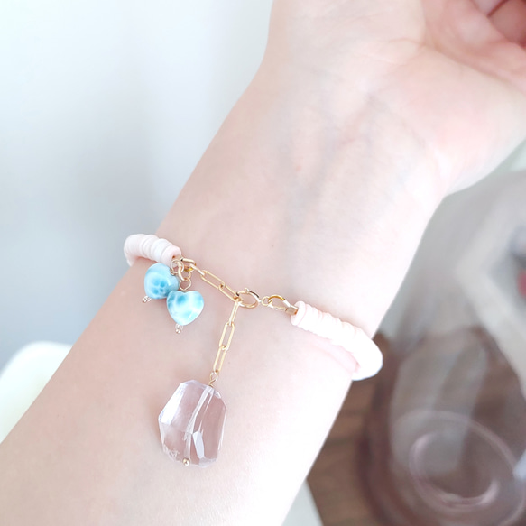 ❁Pink sand beach bracelet 14kgf❁ハートラリマー＆ピンクシェル＆アメジスト 4枚目の画像