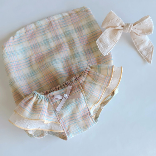 秋色チェックのパールオンギャザースモック/犬服/犬服