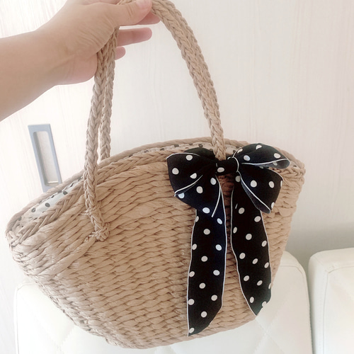 ❣️専用です❣️カゴバック　リボン　かごバック かごバッグ バスケット 黒リボン巻き カゴバッグ4 三つ編み かご