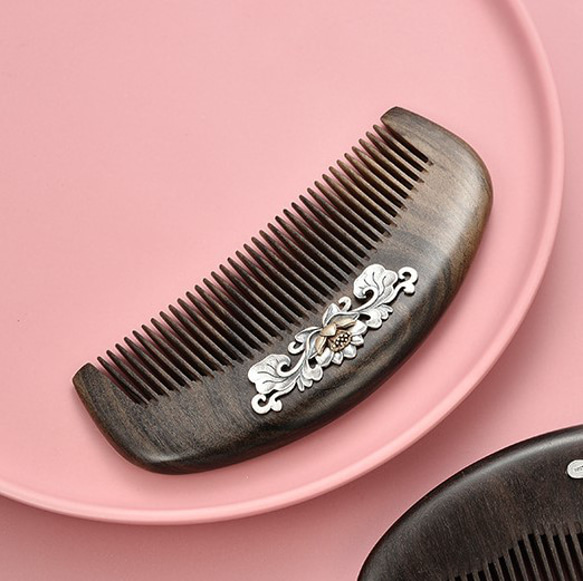 黒檀とスターリングシルバーの美しい蓮の花の櫛 贈り物にぴったり K054  