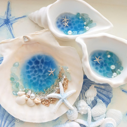 ☆幸せを呼ぶアクアマリン&パールのビーチ☆煌めく海塗り巻き貝のアロマストーン皿(タイプA) 7枚目の画像