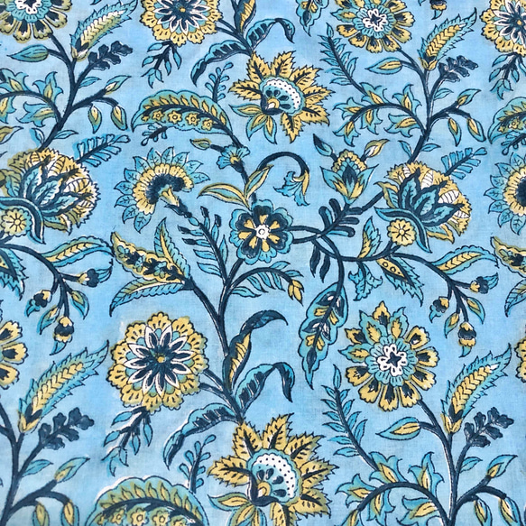 【50cm單位】青色黃花印度手工塊印花布料棉質 第3張的照片