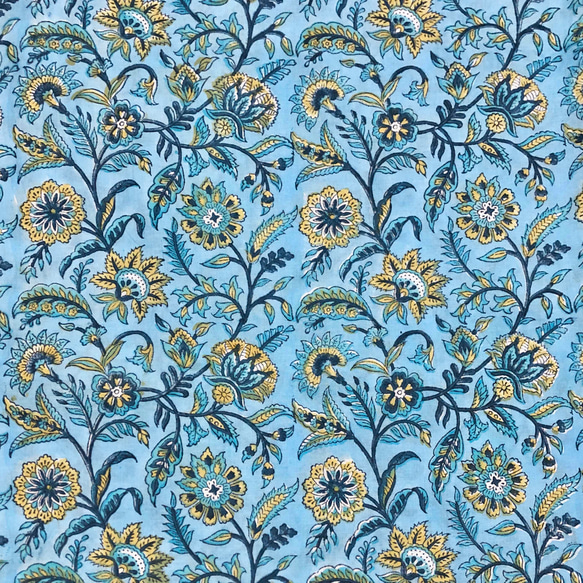 【50cm單位】青色黃花印度手工塊印花布料棉質 第4張的照片