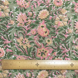 【50cm單位】暗綠色黃色粉紅色花朵印度手工塊印花布料棉質 第6張的照片