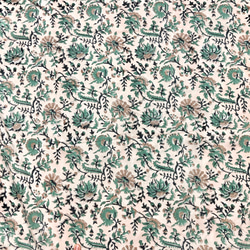【50cm單位】淺米色綠花一耳圖案印度手工版畫布料棉質 第5張的照片