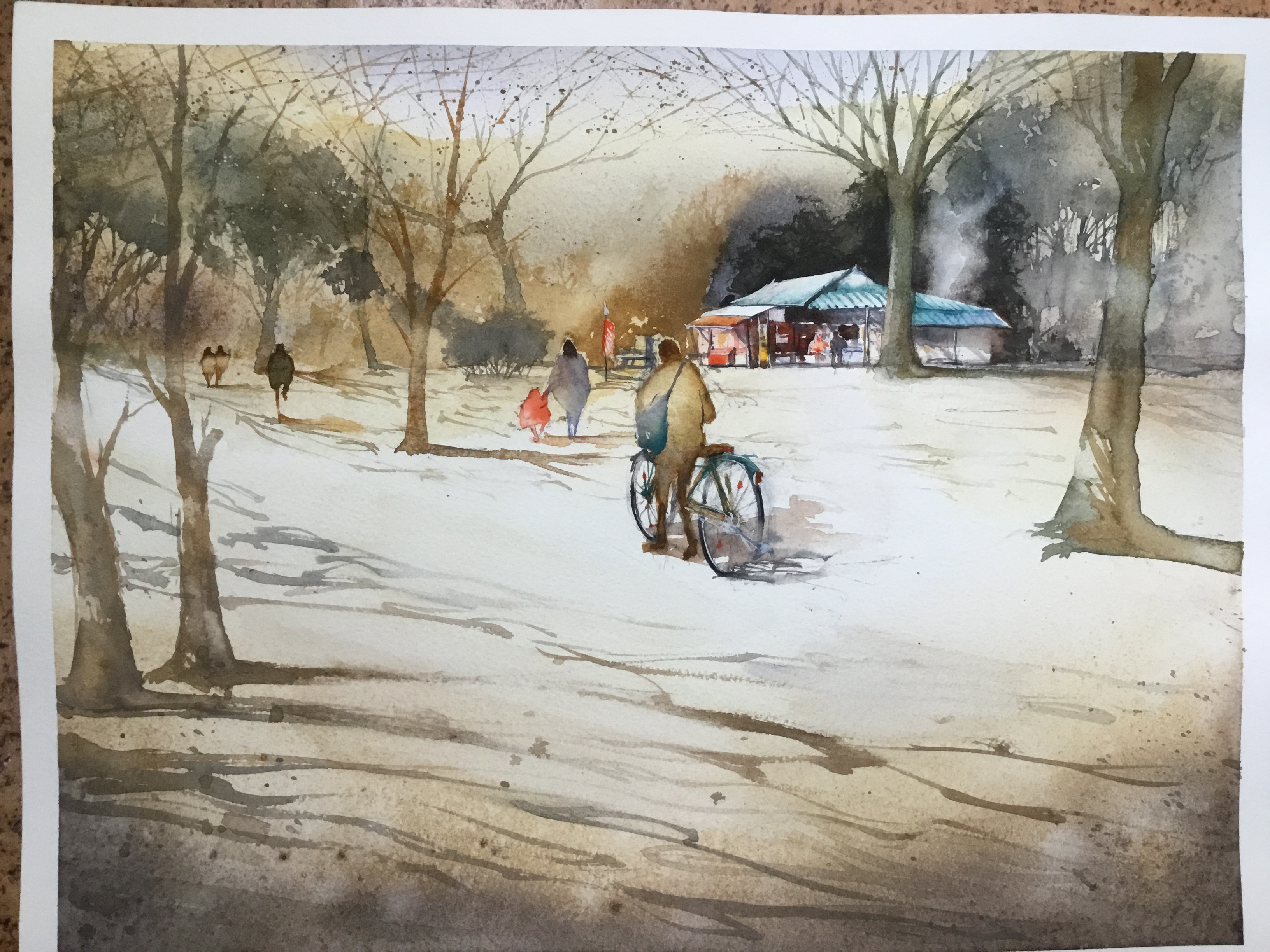 森の散歩道」　水彩画 絵画「夕日を浴びて～