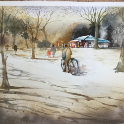 水彩画 親子の公園散歩 風景画 水彩画 親子の公園散歩 風景画 親子で遊ぶ公園風景」 by 山田太郎｜
