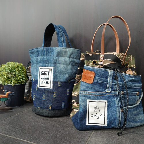 No.283【ALL DENIM✖️巾着バケツ型バッグ❤️】デニムリメイク