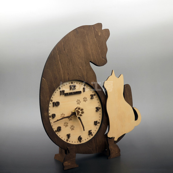 【受注制作】アンティーク調 天然木 親子にゃんこウォールクロック 猫の壁掛時計 卓上時計 5枚目の画像
