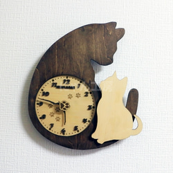 【受注制作】アンティーク調 天然木 親子にゃんこウォールクロック 猫の壁掛時計 卓上時計 1枚目の画像