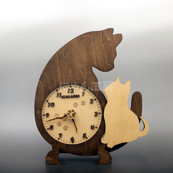 【受注制作】アンティーク調 天然木 親子にゃんこウォールクロック 猫の壁掛時計 卓上時計 2枚目の画像