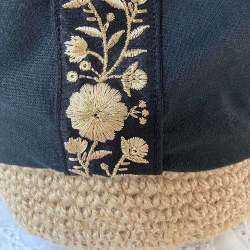 ✨インド刺繍リボン✨ワンショルダー 麻底巾着バッグ ショルダー