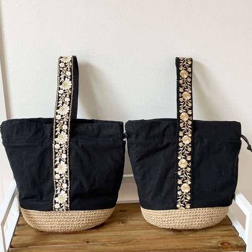 ✨インド刺繍リボン✨ワンショルダー 麻底巾着バッグ ショルダーバッグ  