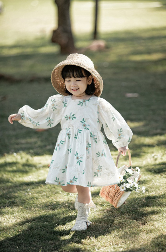 コットン刺繍ガールズ女の子長袖100cm ワンピース 8枚目の画像