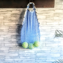 ネットバッグ　手編みの飾り　メッシュバッグ　マルシェバッグ　あみあみバッグ　水色 6枚目の画像