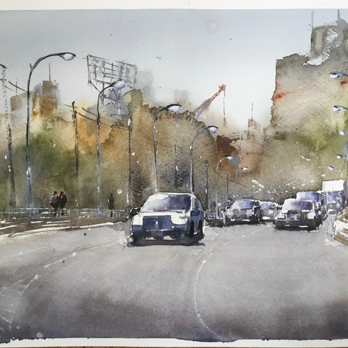 最新のデザイン 街 絵画 街灯 緑 車 道 手描き 水彩画 原画 八幡町交差点 市ヶ谷 絵画