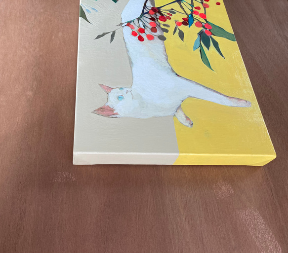 【原画・送料無料】北欧スタイル・キャンバス画「青い目の猫とさくらんぼ」縦約30センチ×横約60センチ 9枚目の画像