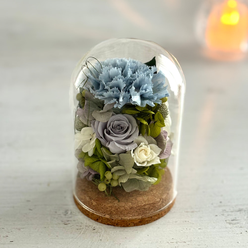 ガラスドーム・小＞ブルーカーネーション バラ プリザーブドフラワー