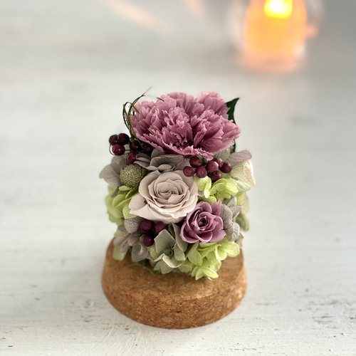 ガラスドーム・小＞パープルカーネーション プリザーブドフラワー