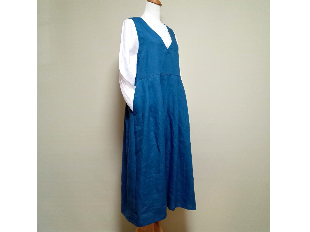 リネン◆Vネックジャンスカ◆ブルー◆M・L・LL（リネン100％）
