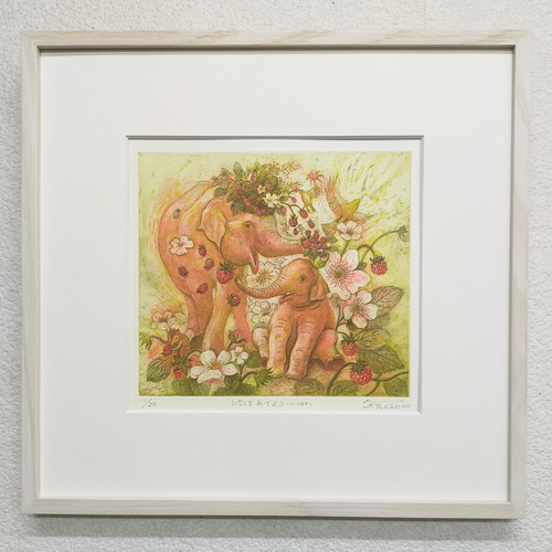 手作り額付き銅版画応用レア絵画　title「お色気プリンスニャンコ」 いちごをあげよう」アルン2歳半、銅版画/額付 版画 高尾ふき子