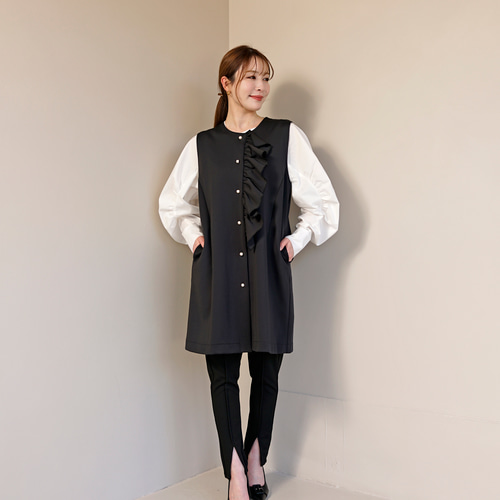 SALE】パールボタン アシメフリル ダンボールニット ジレ ロング