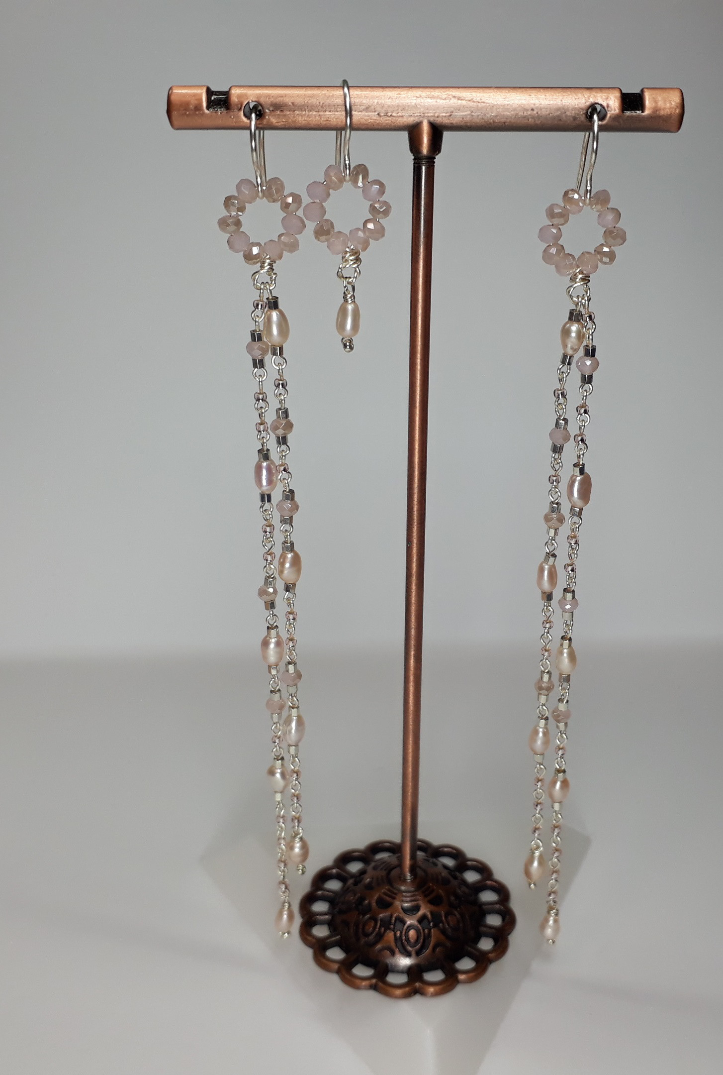 2way 3つセットロング天然パール、ガラスビーズとジュエリーワイヤーのイヤリング / 13.00 cm.