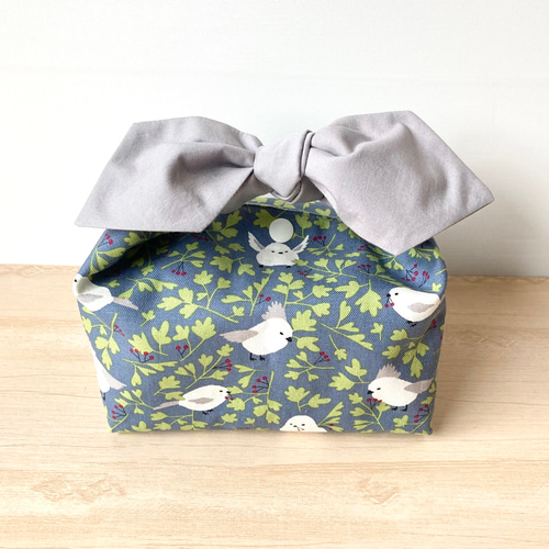 保冷保温☆ 洗える！結びリボン×シマエナガのお弁当袋 グレー グリーン