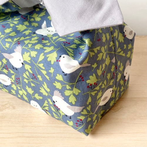 保冷保温☆ 洗える！結びリボン×シマエナガのお弁当袋 グレー