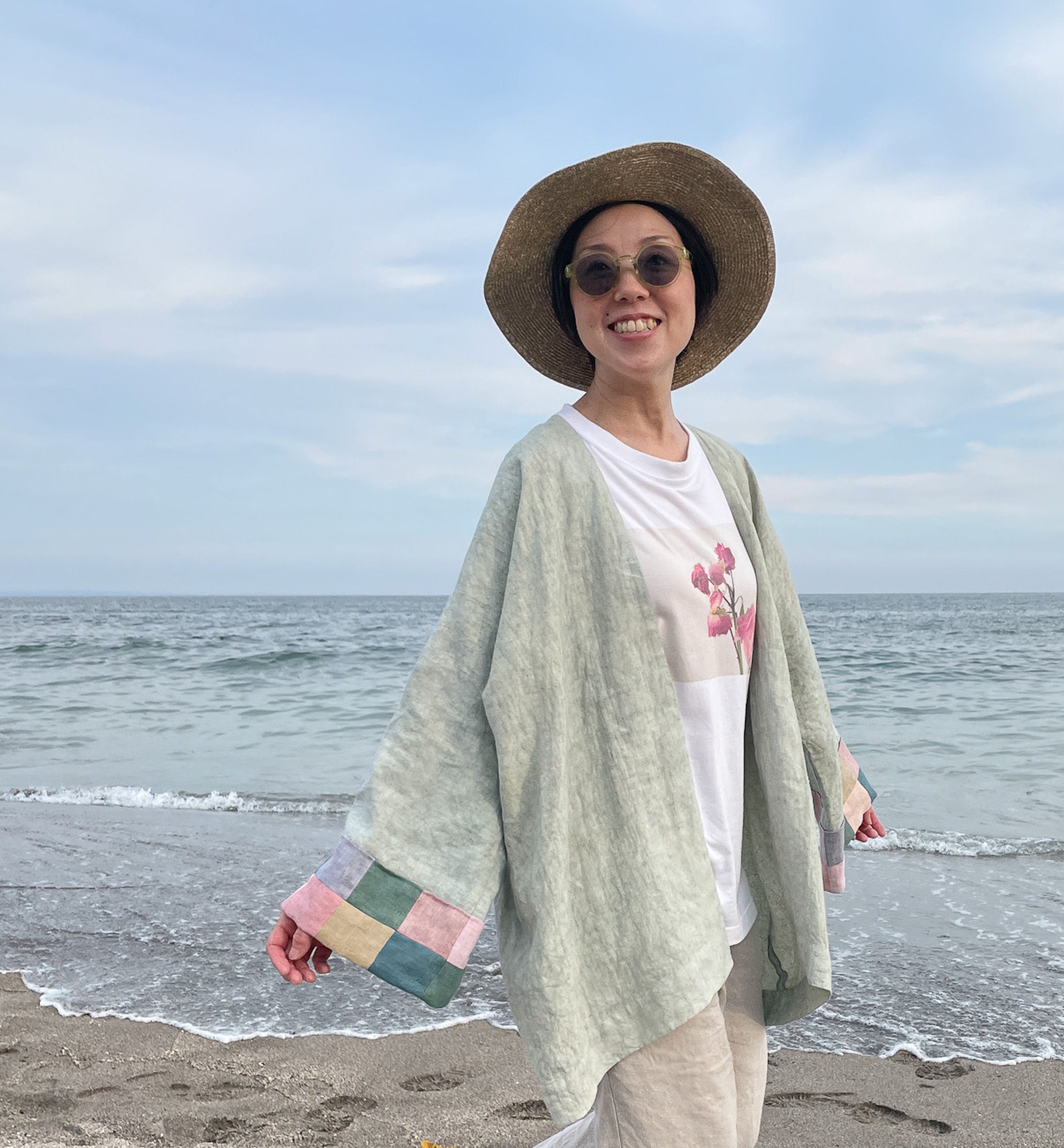 送料無料 " Southern gardens " フレンチリネンの羽織りカーディガン 泥染 草木染 パッチワーク袖