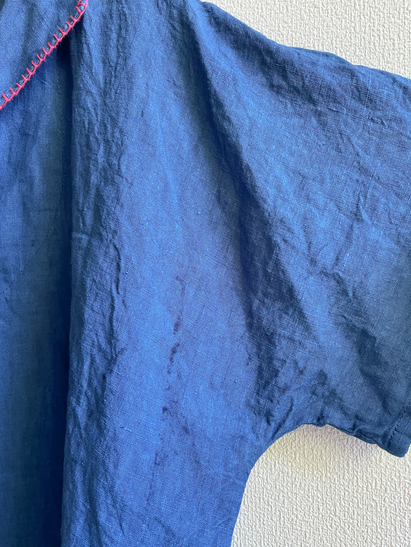 送料無料 訳あり ”ビーチウォーク” 藍染フレンチリネンのプルオーバーシャツ　赤ステッチ 8枚目の画像