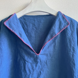 送料無料 訳あり ”ビーチウォーク” 藍染フレンチリネンのプルオーバーシャツ　赤ステッチ 5枚目の画像