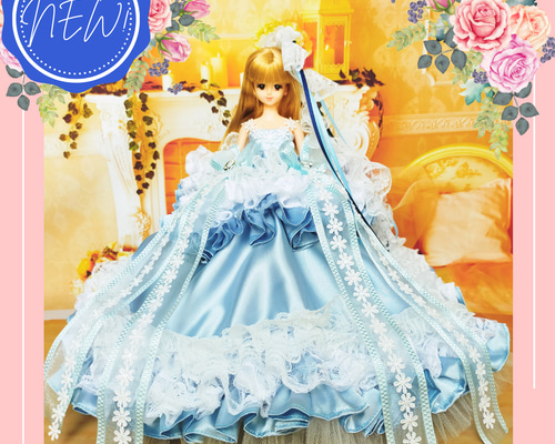 ジェニーフレンド27cmドール服 水色と紺のドレス - メルカリ