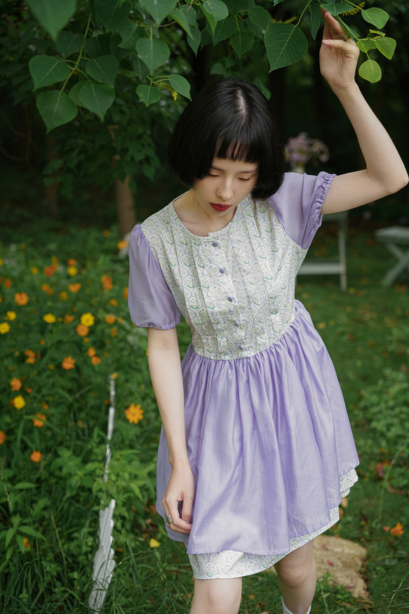 夢幻紫鳶尾 復古少女花花收腰洋裝 夏季拼接短裙連衣裙 第9張的照片